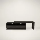 Modern modular TV stands and storage units from the Huppé Otello Collection in dark wood with customizable white or matching extensions.