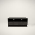 Modern modular TV stands and storage units from the Huppรฉ Otello Collection in dark wood with customizable white or matching extensions.