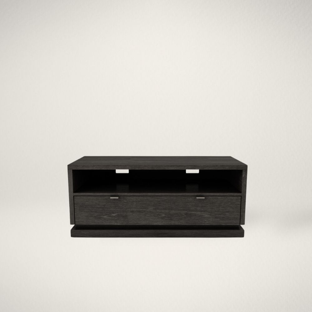 HP OTELLO COLLECTION 3 Modern modular TV stands and storage units from the Huppรฉ Otello Collection in dark wood with customizable white or matching extensions.