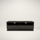 Modern modular TV stands and storage units from the Huppรฉ Otello Collection in dark wood with customizable white or matching extensions.