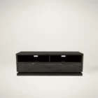Modern modular TV stands and storage units from the Huppé Otello Collection in dark wood with customizable white or matching extensions.