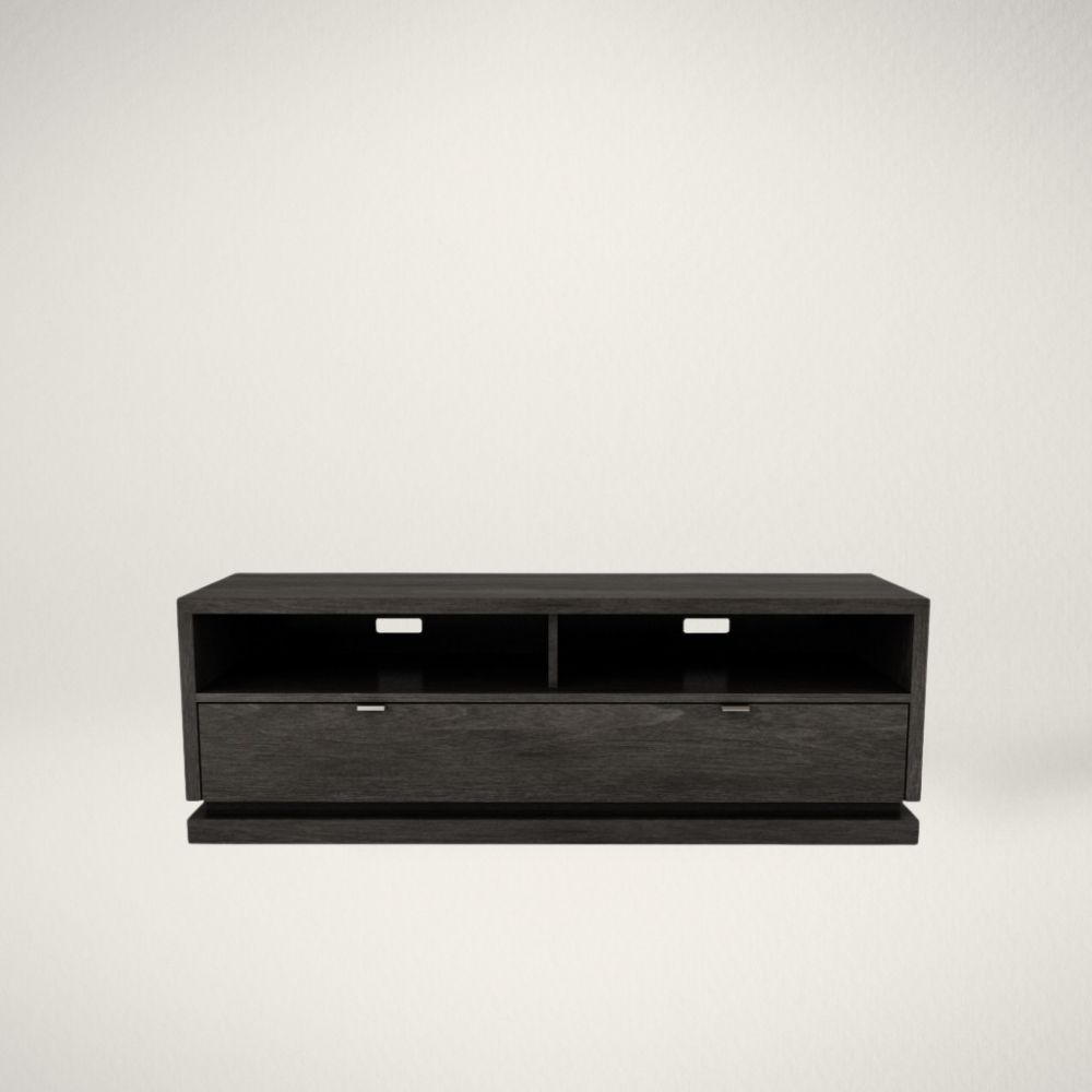 Modern modular TV stands and storage units from the Huppรฉ Otello Collection in dark wood with customizable white or matching extensions.