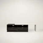 Modern modular TV stands and storage units from the Huppé Otello Collection in dark wood with customizable white or matching extensions.