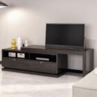 Modern modular TV stands and storage units from the Huppรฉ Otello Collection in dark wood with customizable white or matching extensions.
