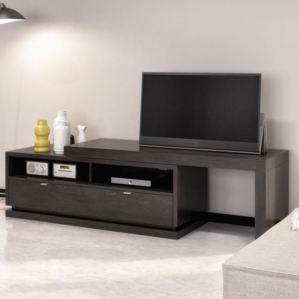 Modern modular TV stands and storage units from the Huppé Otello Collection in dark wood with customizable white or matching extensions.