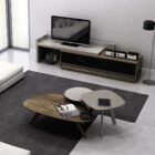 Huppé Studio modern asymmetrical media stand in oak and lacquer