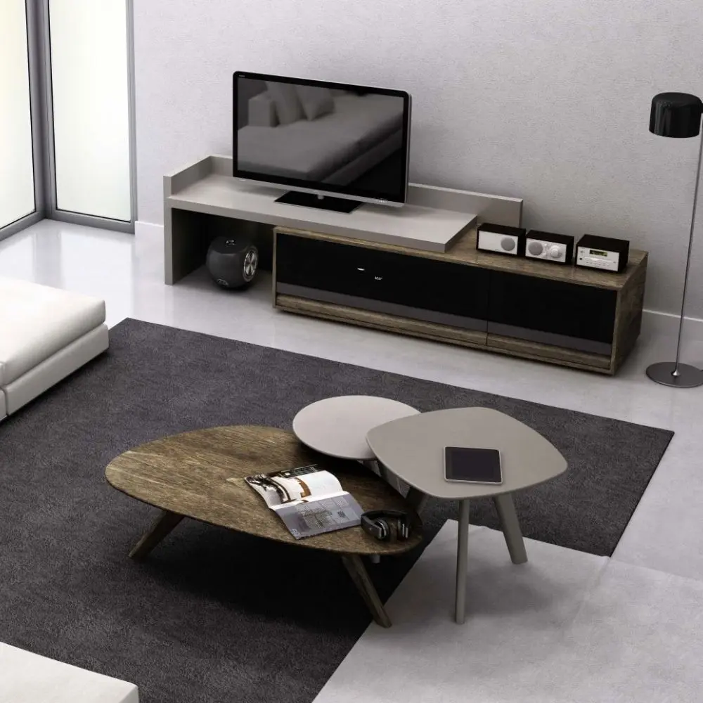 Huppé Studio modern asymmetrical media stand in oak and lacquer