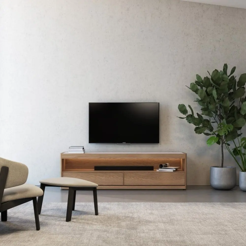Huppé Ziggy oak media stand with marble top and sleek storage drawers
