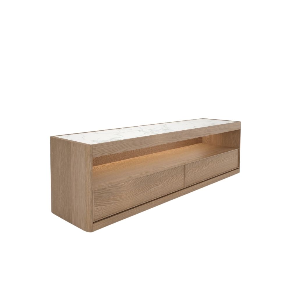 Huppรฉ Ziggy oak media stand with marble top and sleek storage drawers