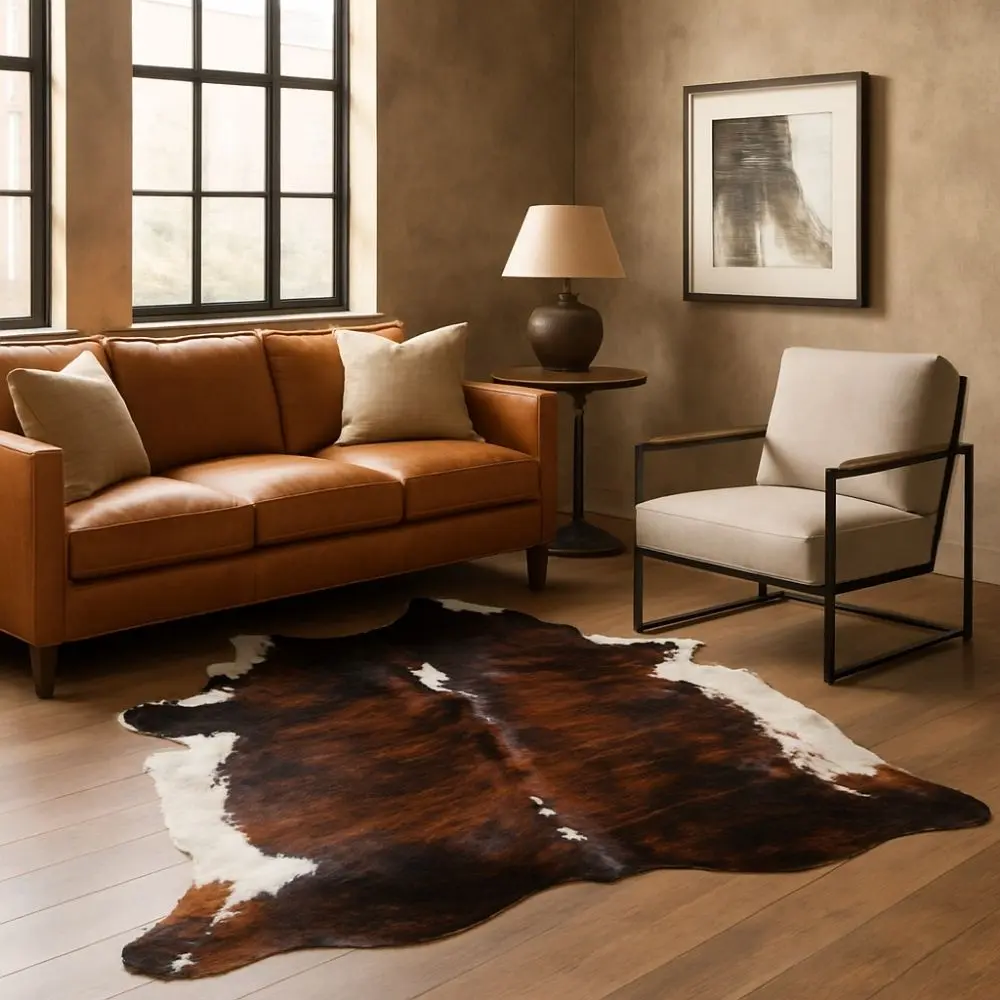 Natural brindle cowhide rug featuring deep brown and black tones with a striking white backbone and organic edges.