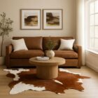 Natural brown and white cowhide rug with soft, organic shape and smooth finish.