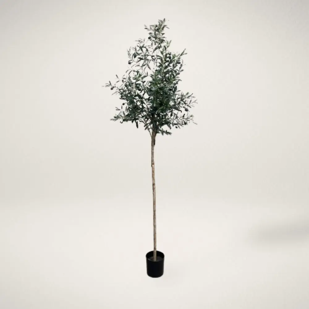 OLIVE BRANCH Artificial olive branch tree with slender trunk and lush green leaves in a black pot.