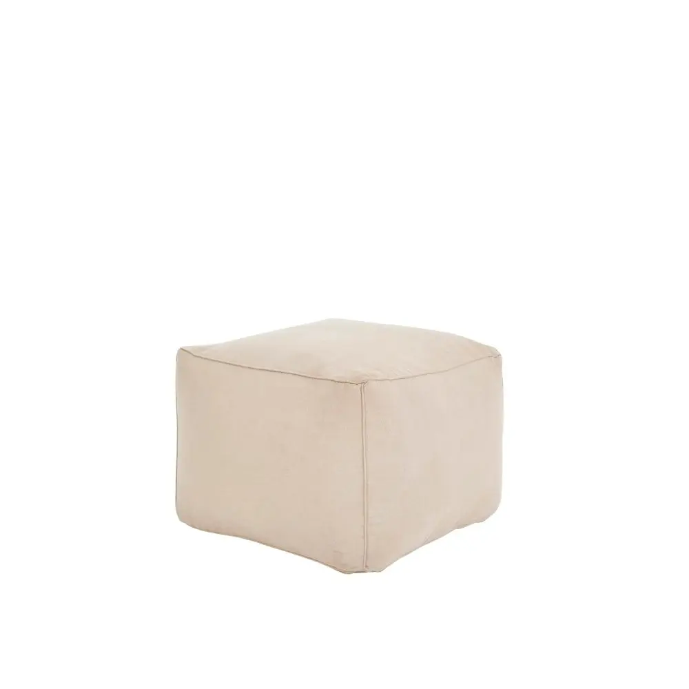 Square pouf in soft beige fabric with a casual, structured design.