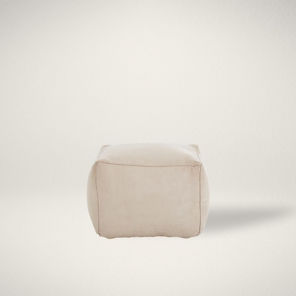 RN BUNDLE Square pouf in soft beige fabric with a casual, structured design.