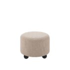 Round beige pouf with textured upholstery and rounded black feet.