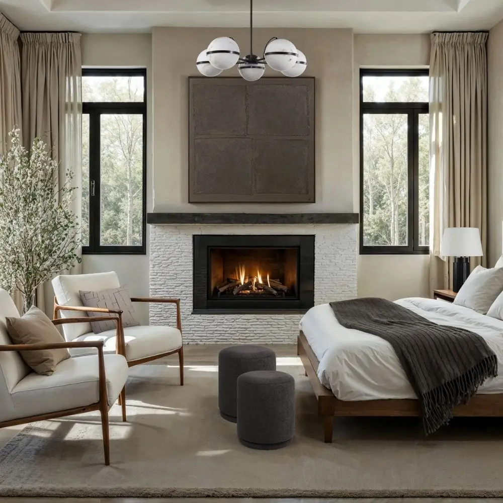 Round black pouf with sleek fabric upholstery.