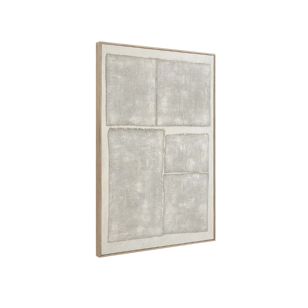 Renwil Pacardi abstract wall art featuring textured silver blocks on a neutral canvas with a thin wood frame.