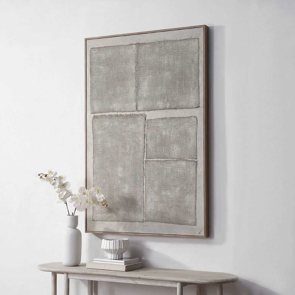 Renwil Pacardi abstract wall art featuring textured silver blocks on a neutral canvas with a thin wood frame.