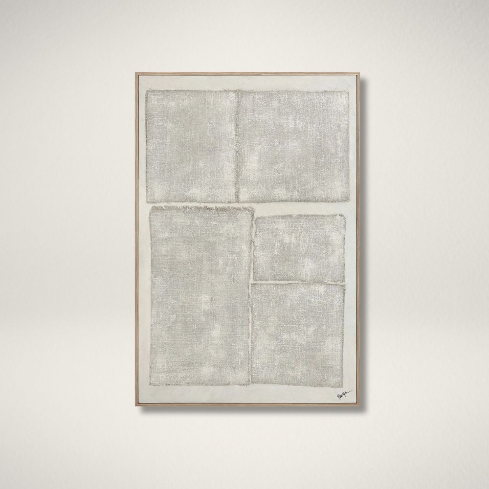 RN PACARDI Renwil Pacardi abstract wall art featuring textured silver blocks on a neutral canvas with a thin wood frame.