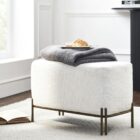 Renwil Sakura upholstered bench with off-white linen seat and bronze metal base