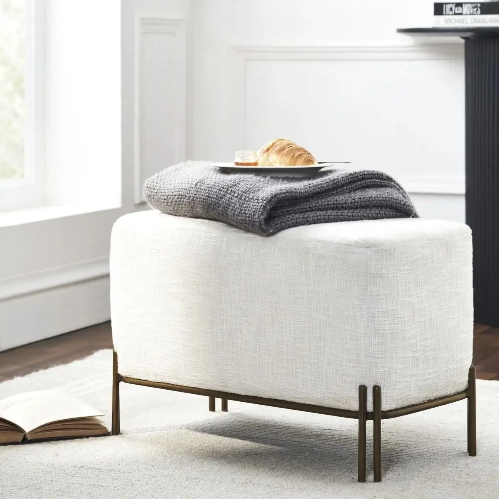 Renwil Sakura upholstered bench with off-white linen seat and bronze metal base