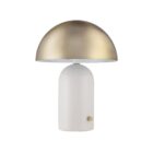 Renwil Solero table lamp with a white cylindrical base and a dome-shaped brushed brass shade.