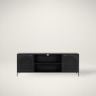 Sunpan Aziza black media console with perforated cabinet doors and slim legs