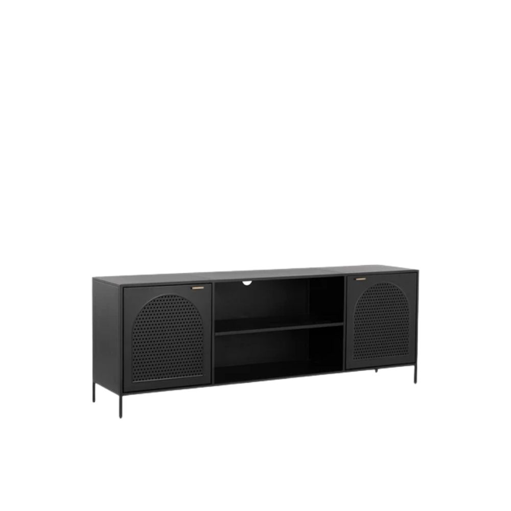 Sunpan Aziza black media console with perforated cabinet doors and slim legs