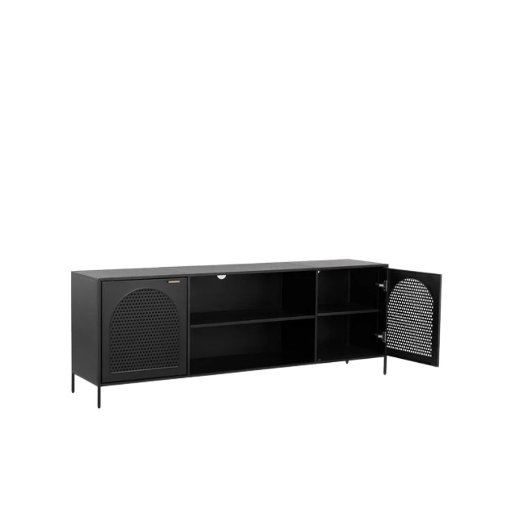 Sunpan Aziza black media console with perforated cabinet doors and slim legs