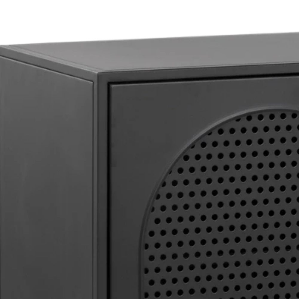 Sunpan Aziza black media console with perforated cabinet doors and slim legs