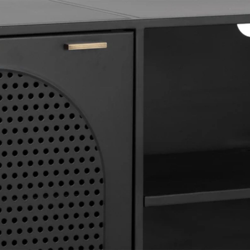 Sunpan Aziza black media console with perforated cabinet doors and slim legs