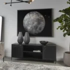 Sunpan Aziza black media console with perforated cabinet doors and slim legs