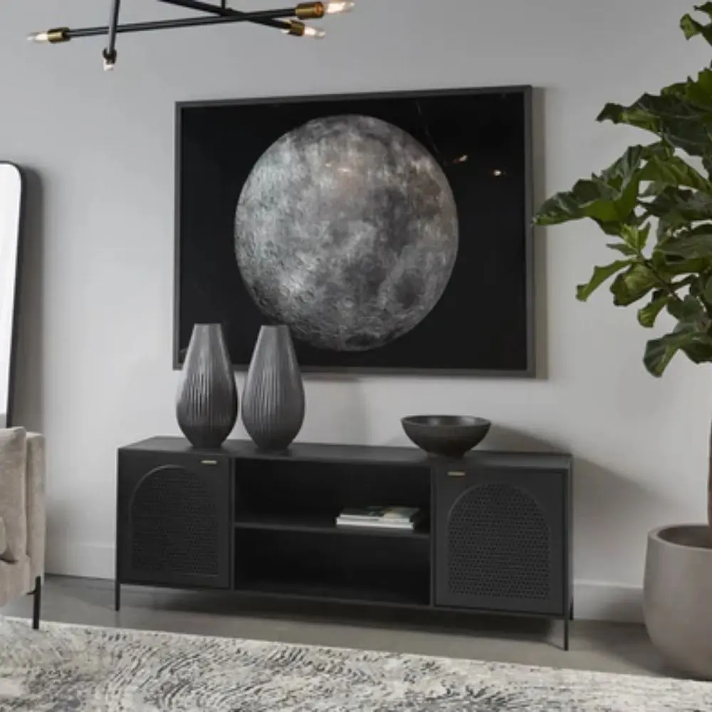 Sunpan Aziza black media console with perforated cabinet doors and slim legs
