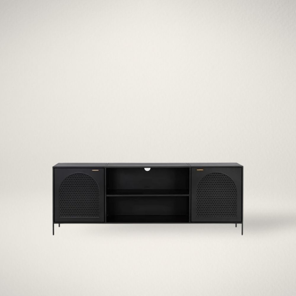 SP AZIZA Sunpan Aziza black media console with perforated cabinet doors and slim legs