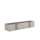 Sunpan Jamille low-profile media console in soft taupe finish with modern linear handles