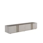 Sunpan Jamille low-profile media console in soft taupe finish with modern linear handles