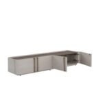 Sunpan Jamille low-profile media console in soft taupe finish with modern linear handles