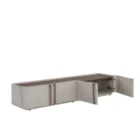 Sunpan Jamille low-profile media console in soft taupe finish with modern linear handles
