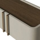 Sunpan Jamille low-profile media console in soft taupe finish with modern linear handles
