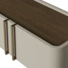 Sunpan Jamille low-profile media console in soft taupe finish with modern linear handles