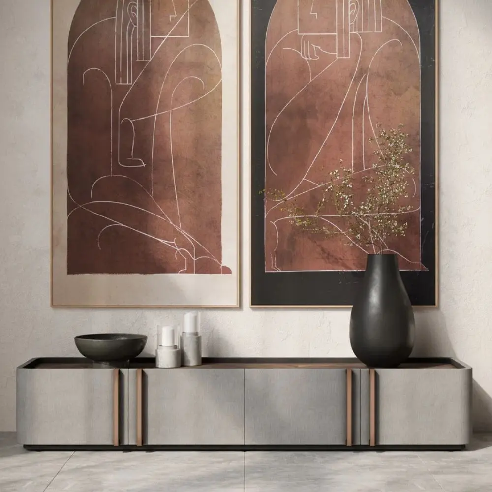 Sunpan Jamille low-profile media console in soft taupe finish with modern linear handles