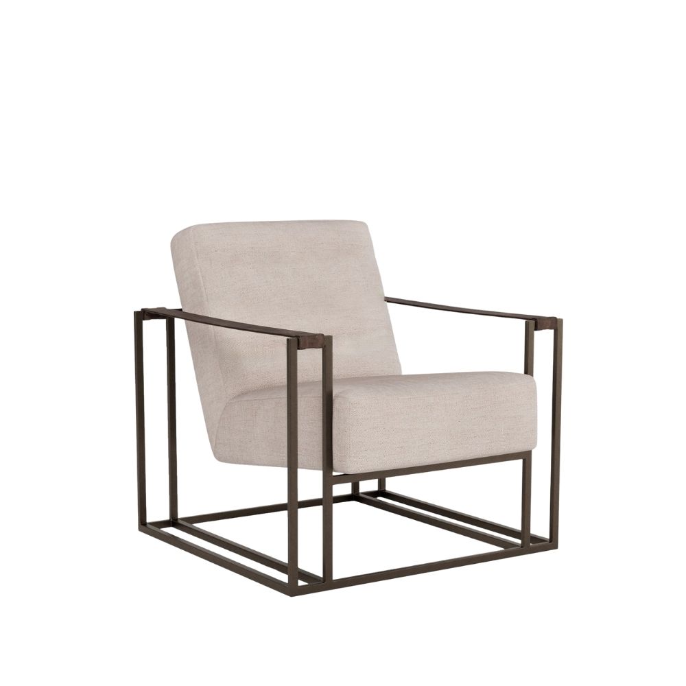 Universal Farris Chair with a modern open-frame design, upholstered seat and back, and sleek metal arms with wood accents.