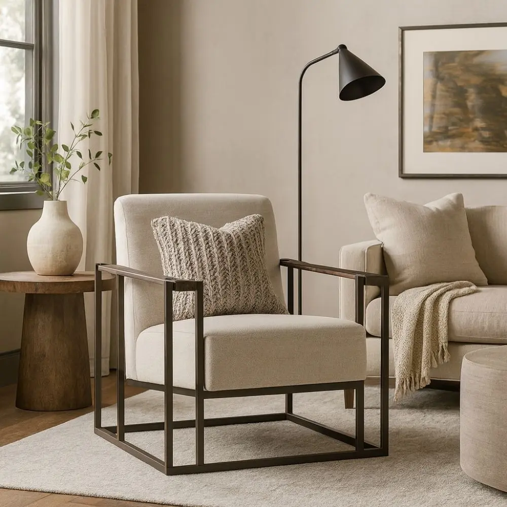Universal Farris Chair with a modern open-frame design, upholstered seat and back, and sleek metal arms with wood accents.