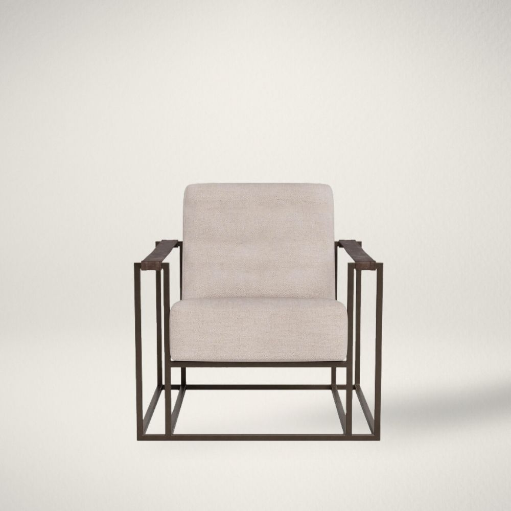UN FARRIS CHAIR Universal Farris Chair with a modern open-frame design, upholstered seat and back, and sleek metal arms with wood accents.