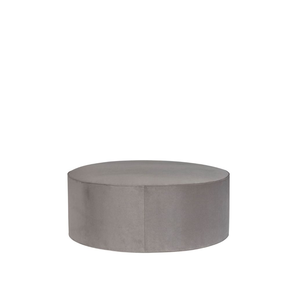 Universal Kirkos round ottoman in soft grey fabric upholstery