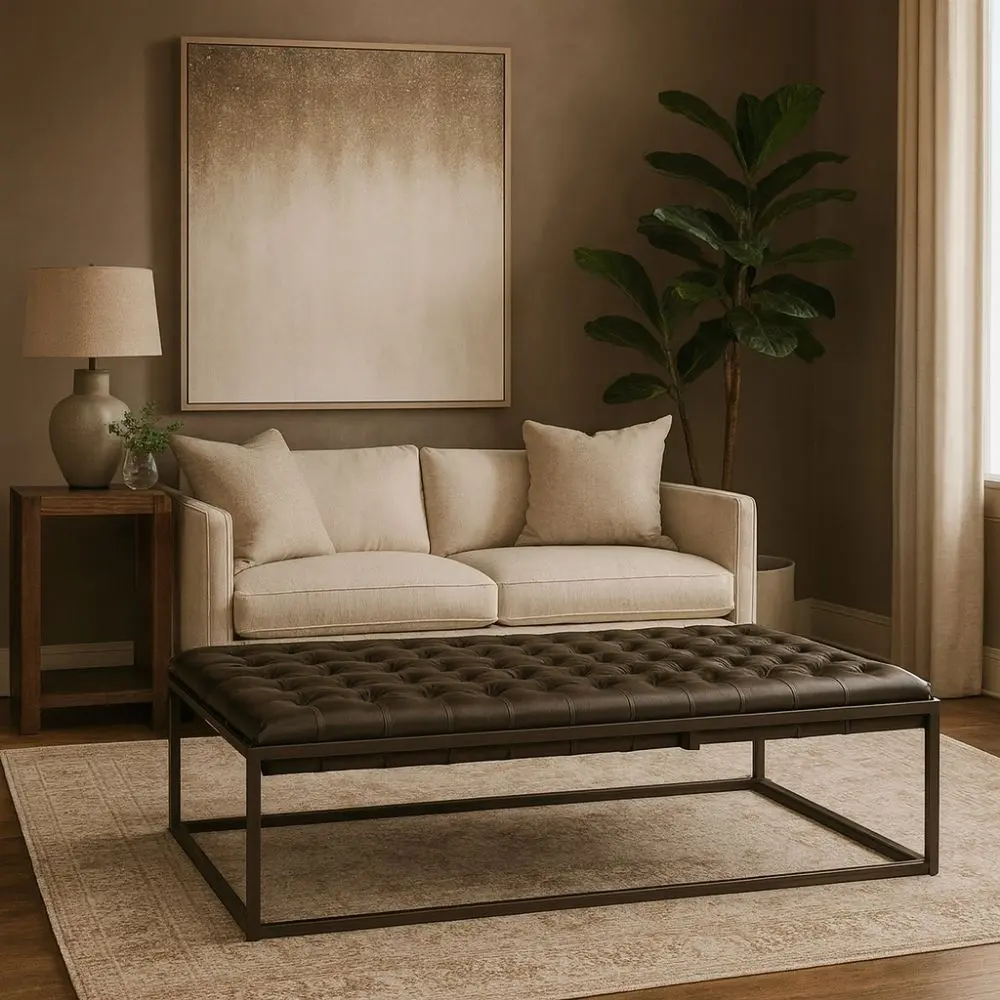 Universal Travers bench with tufted leather seat and open metal base