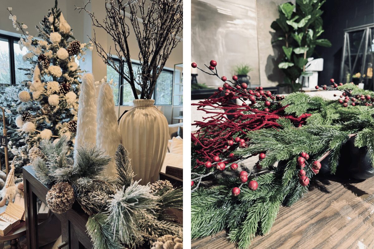 Neutral living room with a sectional sofa, green accent pillows, a round wood coffee table with a holiday greenery bowl, and a mirror framed with festive garland. Modern and classic holiday styles are blended in Urbanhome Windsor’s showroom.