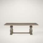 Rectangular wood dining table with a thick top, carved pedestal legs, and a horizontal stretcher base in a soft grey-brown finish.