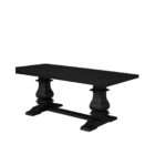Rectangular wood dining table with a thick top, carved pedestal legs, and a horizontal stretcher base in a soft grey-brown finish.