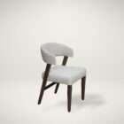 Upholstered dining chair with a curved wraparound back, light neutral fabric, and solid wood legs in a warm brown finish.